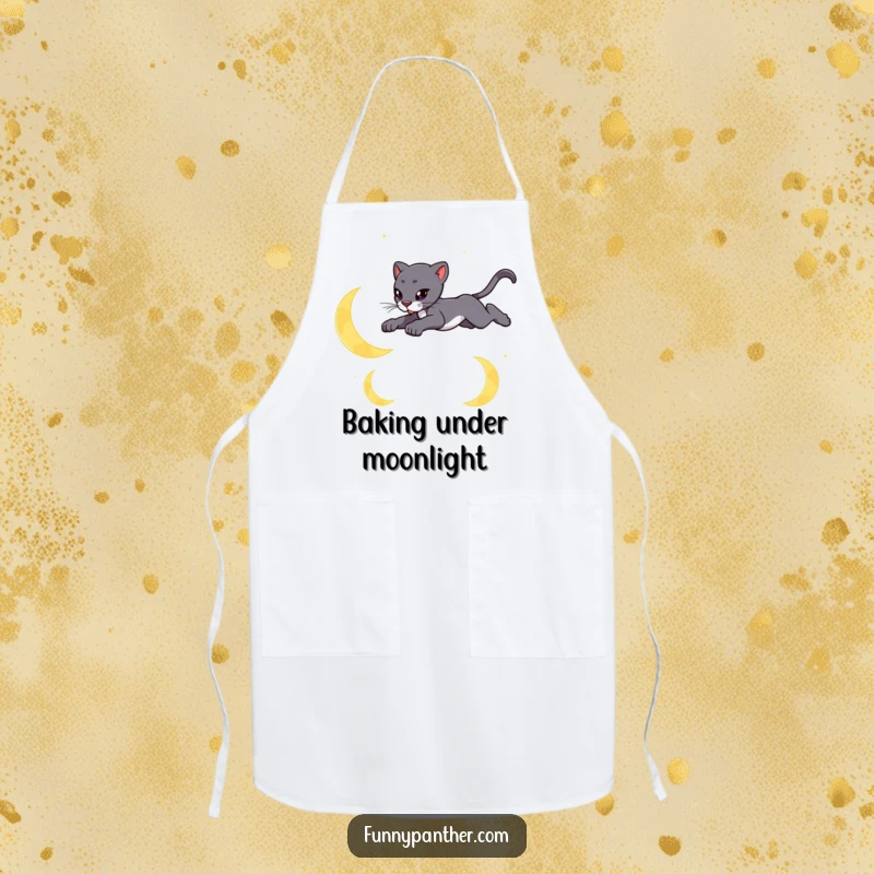 Funny apron featuring a sleek panther leaping gracefully over stylized crescent moons, perfect for magical cooking.