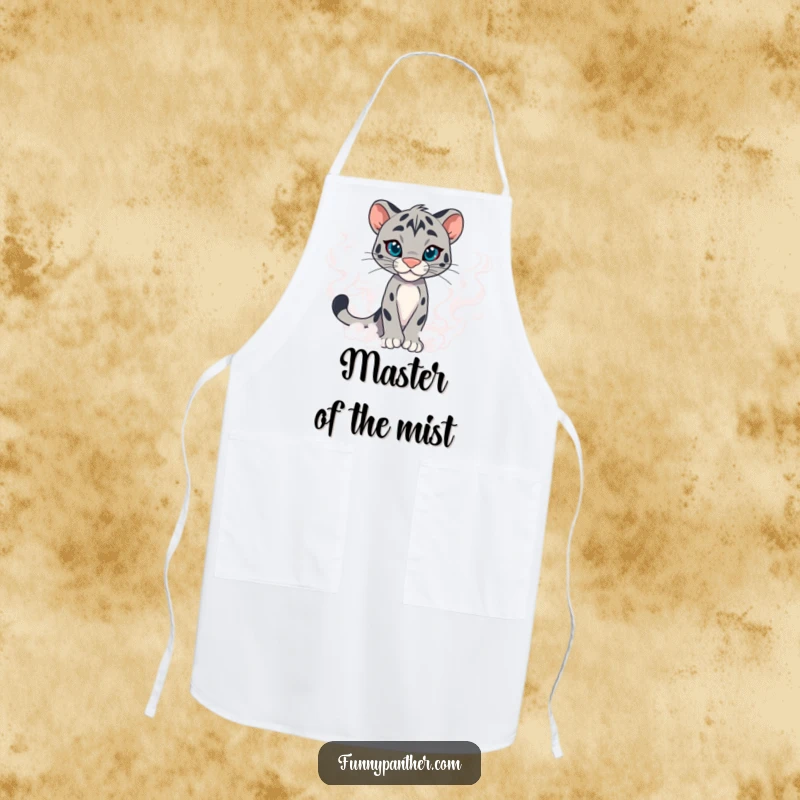 Funny panther character apron, emerging from swirling mist with confidence, ready to handle culinary challenges with humor.