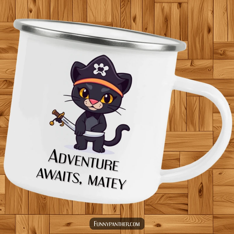 Funny camping mug featuring a black panther in a pirate hat, brandishing a miniature sword, perfect for adventures.