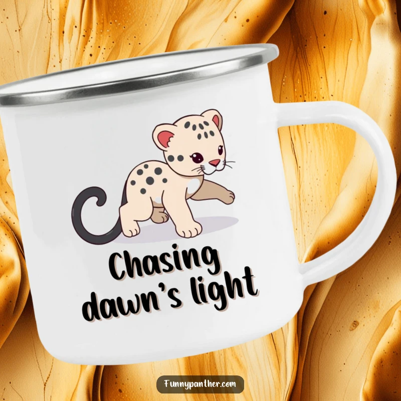 Funny panther cub character camping mug, playfully chasing its shadowy tail, ready for outdoor fun with a smile.