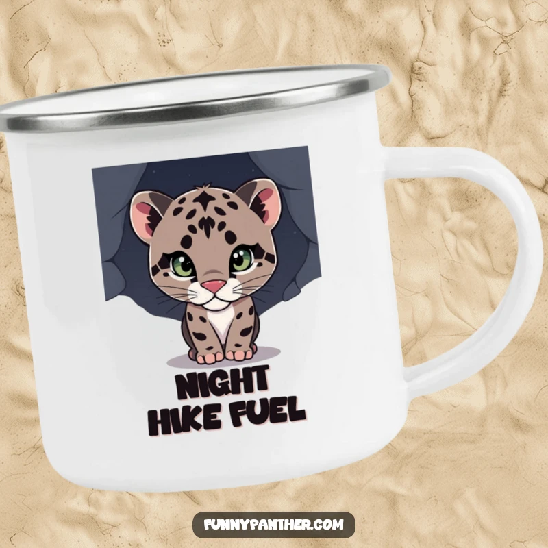 Funny camping mug with a curious panther cub peeking, perfect for hot beverages during outdoor adventures, a durable funny gift.