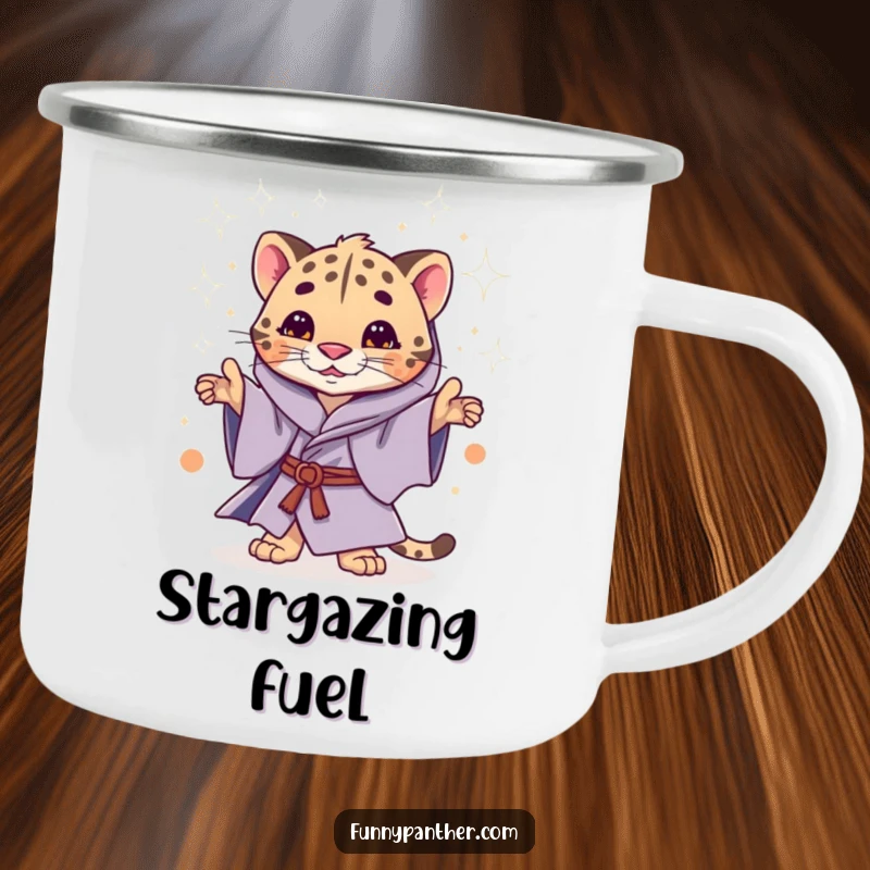 Funny camping mug featuring a whimsical panther in mystical robes, casting a shower of stardust.