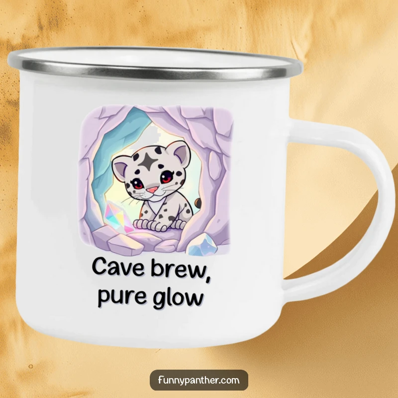 Funny camping mug showcasing a playful panther cub exploring a magical, glowing crystal cave, perfect for outdoor adventures.
