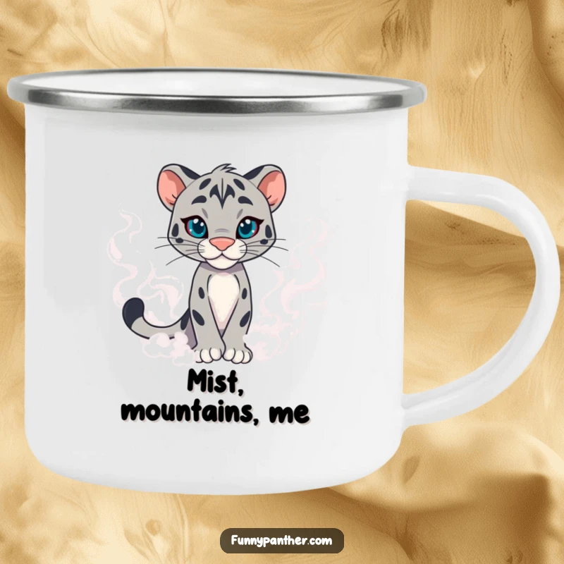 Funny panther character camping mug, emerging from swirling mist with confidence, ready for wild, humorous adventures.