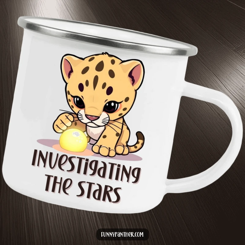 Funny panther cub character camping mug, investigating a glowing object, ready for curious and humorous outdoor adventures.