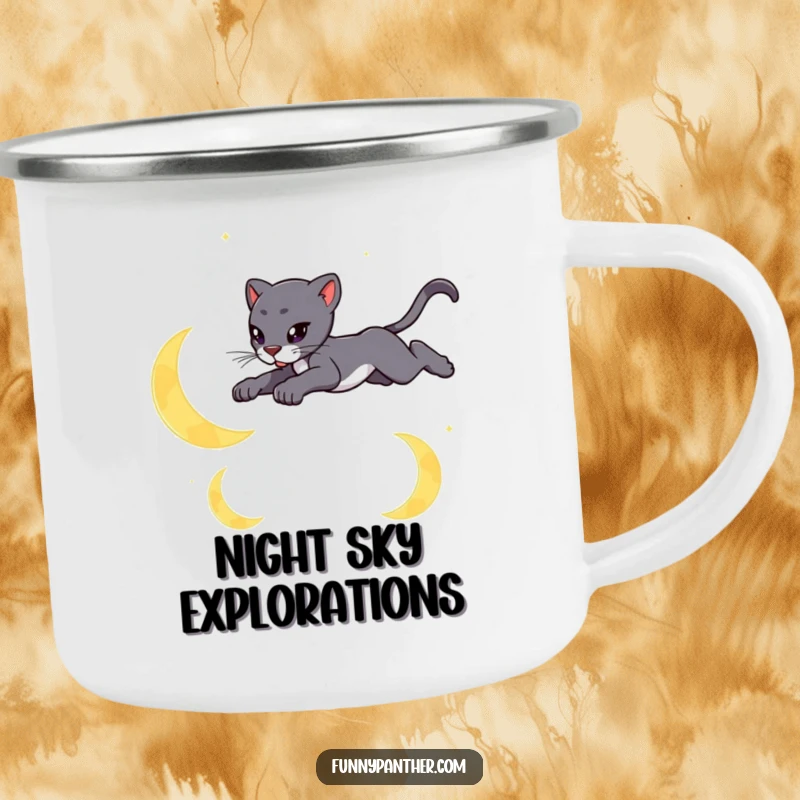 Funny camping mug featuring a sleek panther leaping gracefully over stylized crescent moons, perfect for night owls.