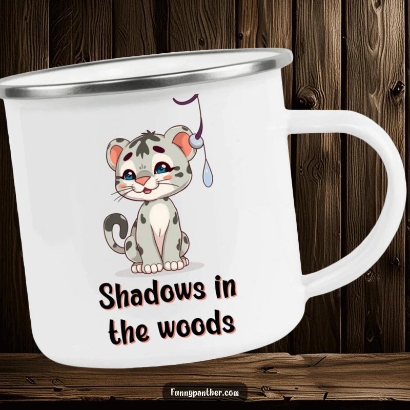 Funny camping mug with a playful panther cub character batting at a dangling shadow, perfect for outdoor enjoyment.