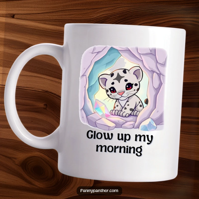 Funny mug showcasing a playful panther cub exploring a luminous crystal cave, full of wonder and magical glow.
