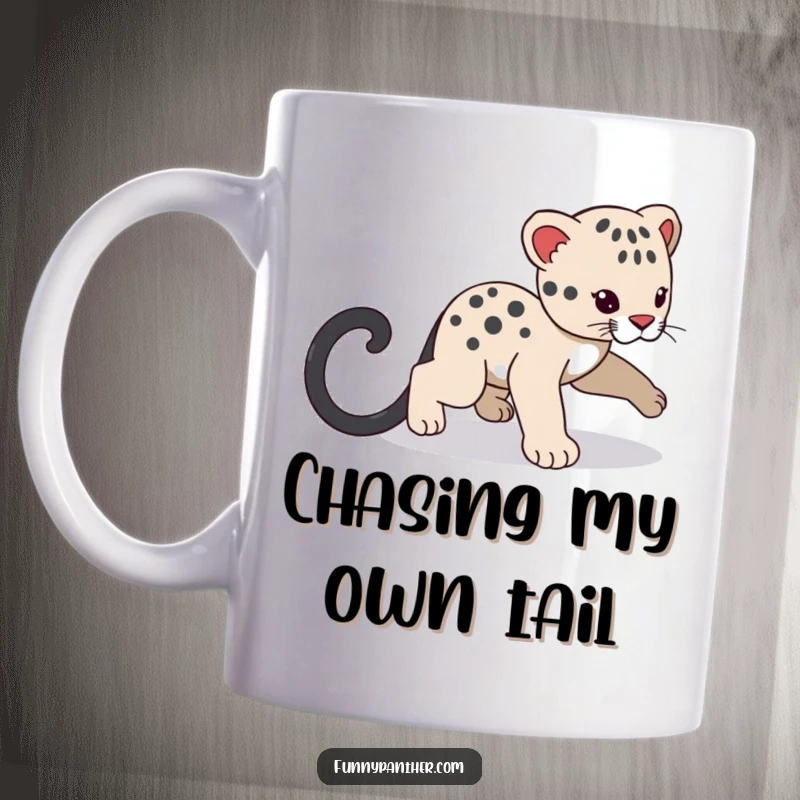 Funny panther cub mug, playfully chasing its own shadowy tail, a cute and humorous depiction of playful energy.