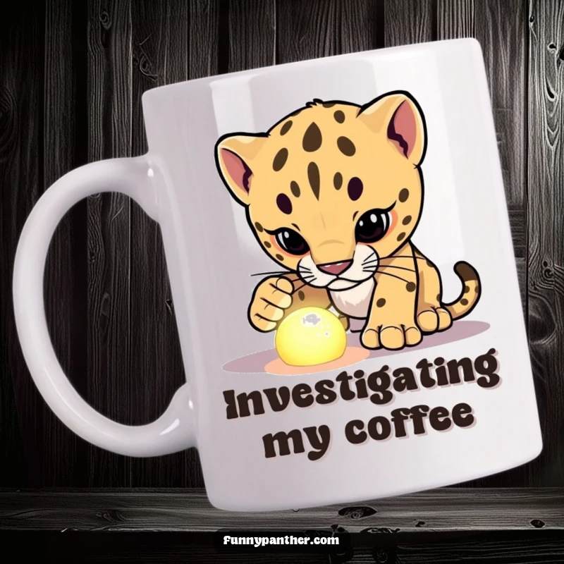 Funny panther cub mug, investigating a glowing object with curiosity, a humorous and intriguing depiction of discovery.