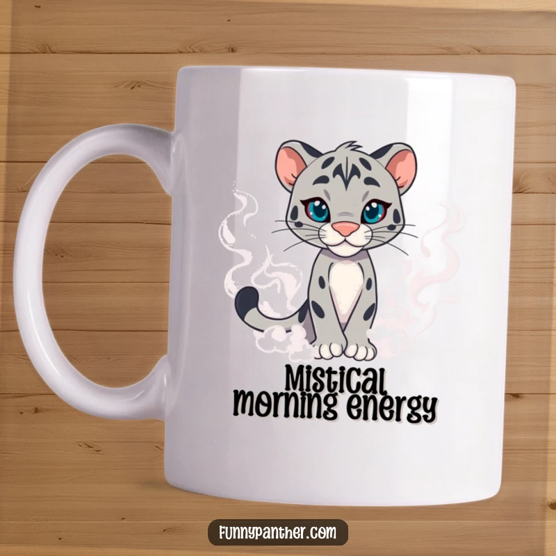 Funny panther character mug, emerging from swirling mist with a confident, mysterious gaze, exuding powerful charm.