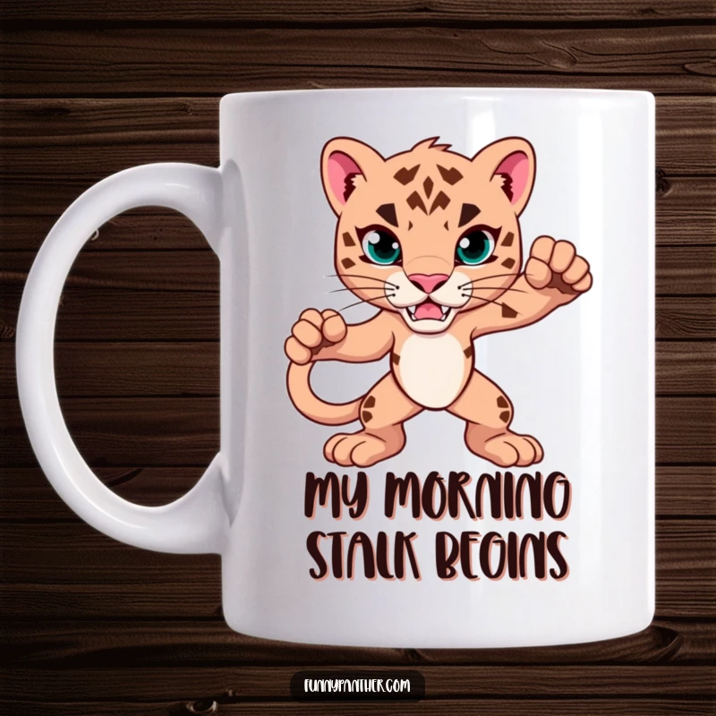 Funny Mug featuring a panther in a powerful, alert stance, ready for action. Captures strength and focus for a humorous statement.
