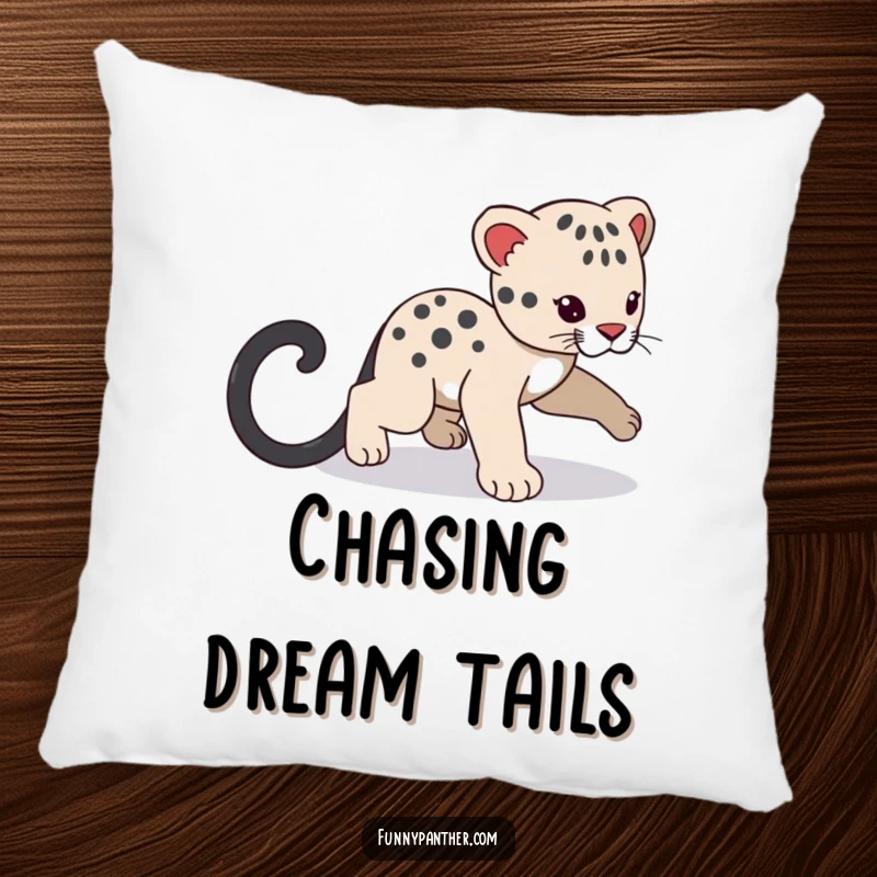 Funny panther cub character pillow, playfully chasing its tail, offering soft comfort and a dose of adorable humor.