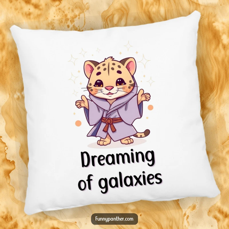 Funny pillow featuring a whimsical panther in mystical robes, casting a magical shower of stardust.