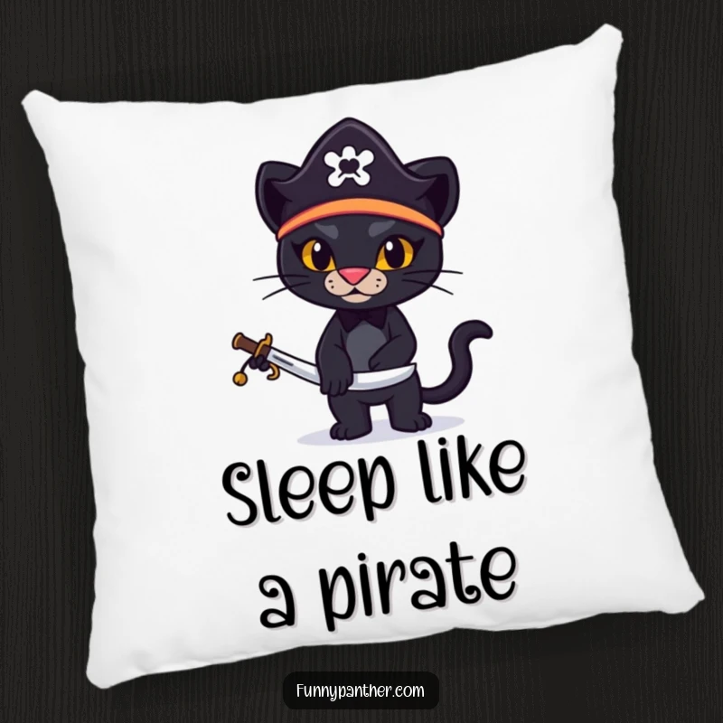 Funny pillow featuring a black panther wearing a pirate hat and holding a miniature sword, adding pirate flair.