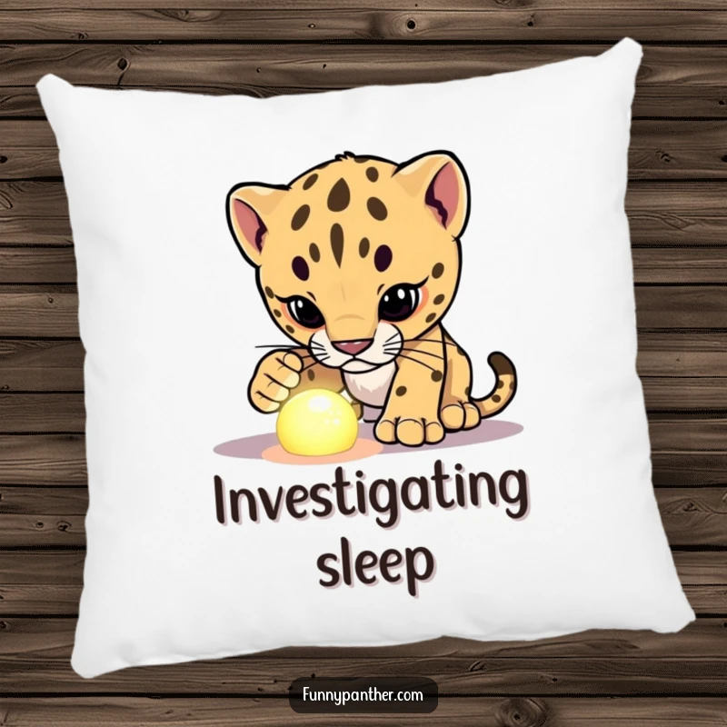 Funny panther cub character pillow, investigating a glowing object, offering comforting intrigue and a dose of humorous wonder.