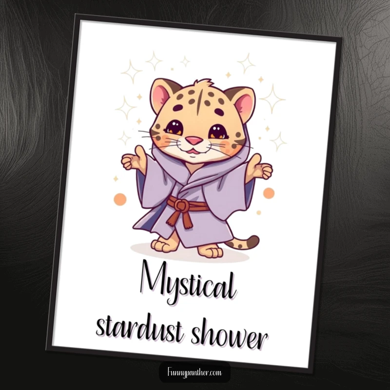 Funny digital art print of a whimsical panther in mystical robes, casting a shower of sparkling stardust.