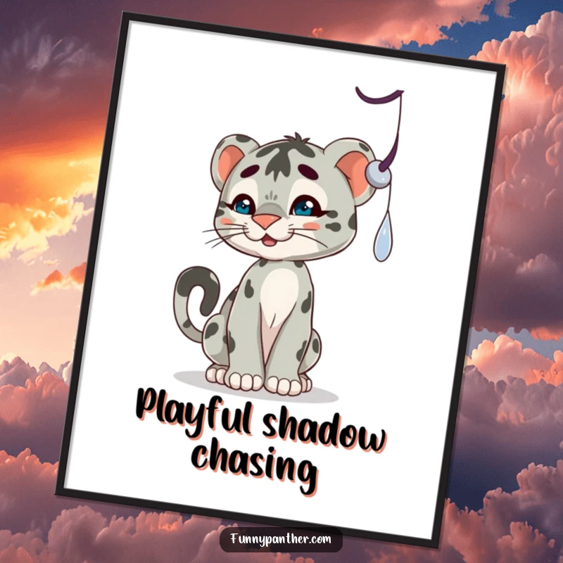 Funny digital art print of a playful panther cub character batting at a dangling shadow, bringing adorable humor to any setting.