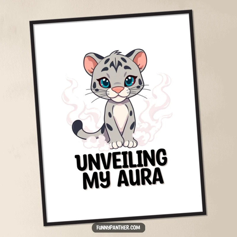 Funny panther character digital art print, emerging from swirling mist with confidence, a striking piece for instant mysterious decor.