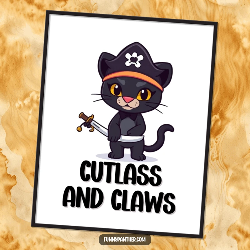 Funny digital art print of a stylized black panther wearing a pirate hat and brandishing a miniature sword.