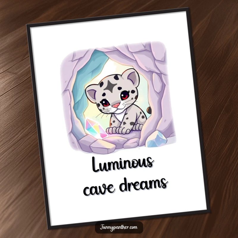 Funny digital art print of a playful panther cub discovering a glowing crystal cave, radiating magical and adventurous vibes.