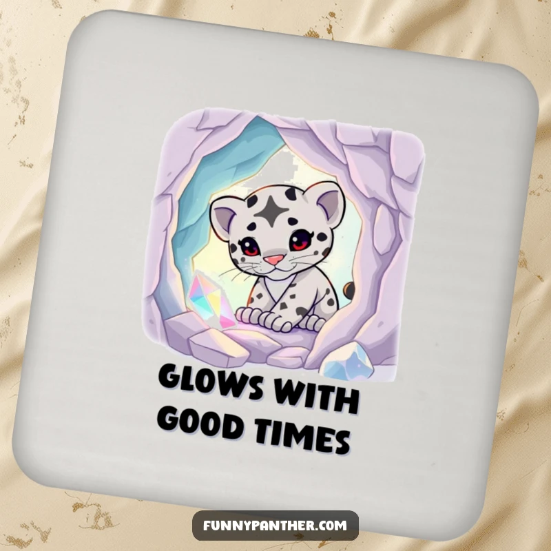 Funny drink coaster featuring a playful panther cub exploring a glowing crystal cave, protecting surfaces with magic.