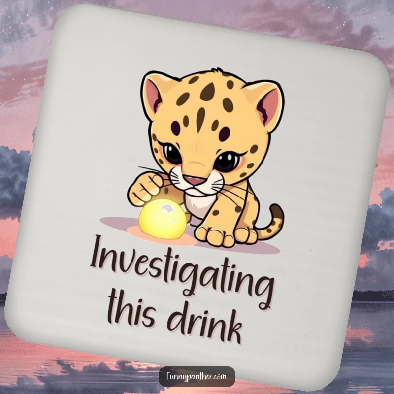 Funny panther cub character drink coaster, investigating a glowing object, providing surface protection with intriguing humor.