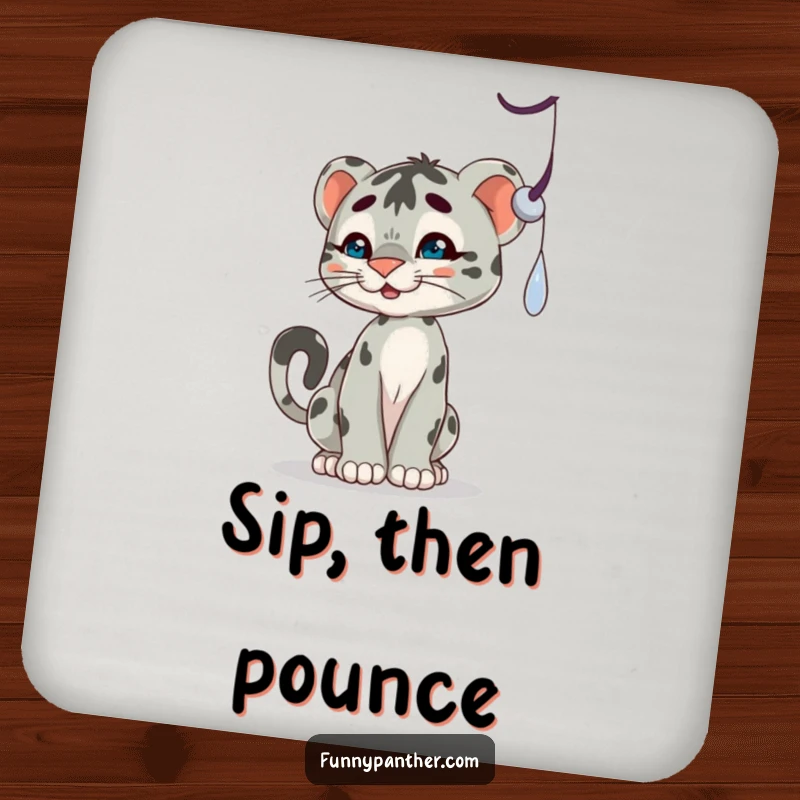 Funny drink coasters with a playful panther cub character batting at a dangling shadow, protecting surfaces with humor.