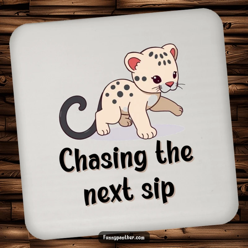 Funny panther cub character drink coaster, playfully chasing its tail, providing surface protection with adorable humor.