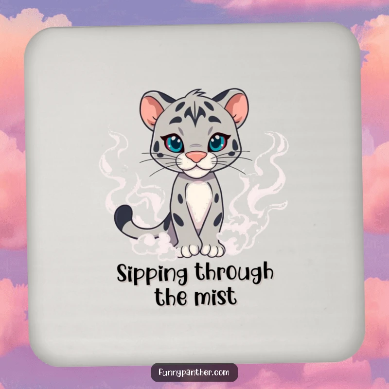 Funny panther character drink coaster, emerging from swirling mist with confidence, providing surface protection with a mysterious humor.