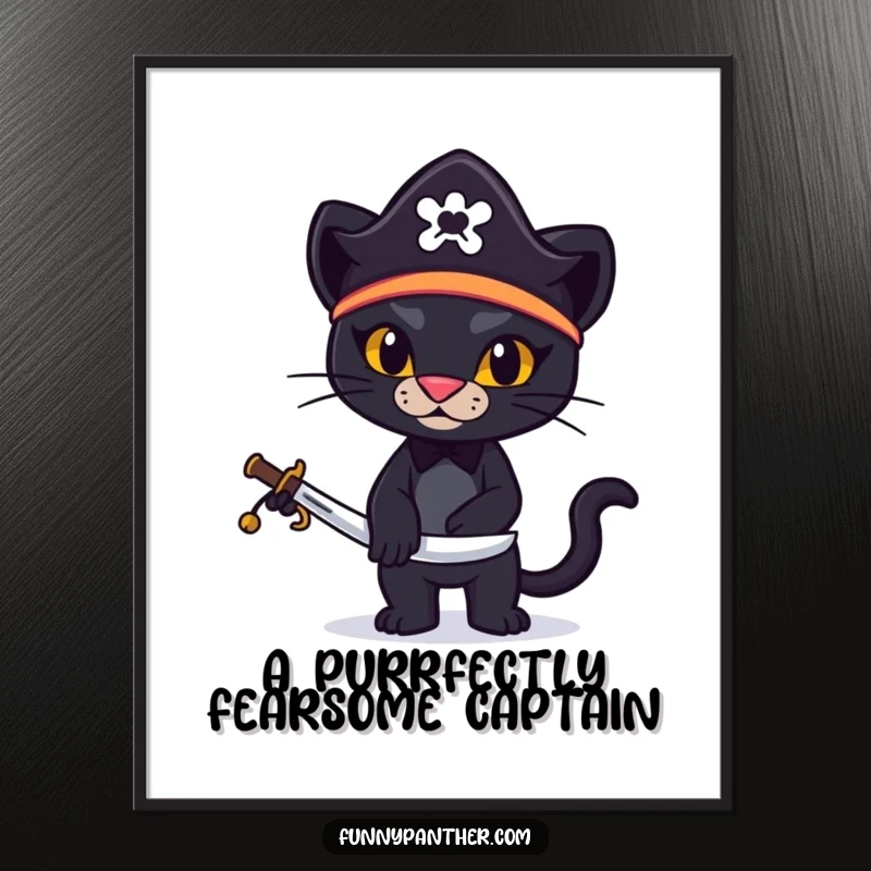 Funny poster of a stylized black panther in a tiny pirate hat, menacingly brandishing a miniature sword.