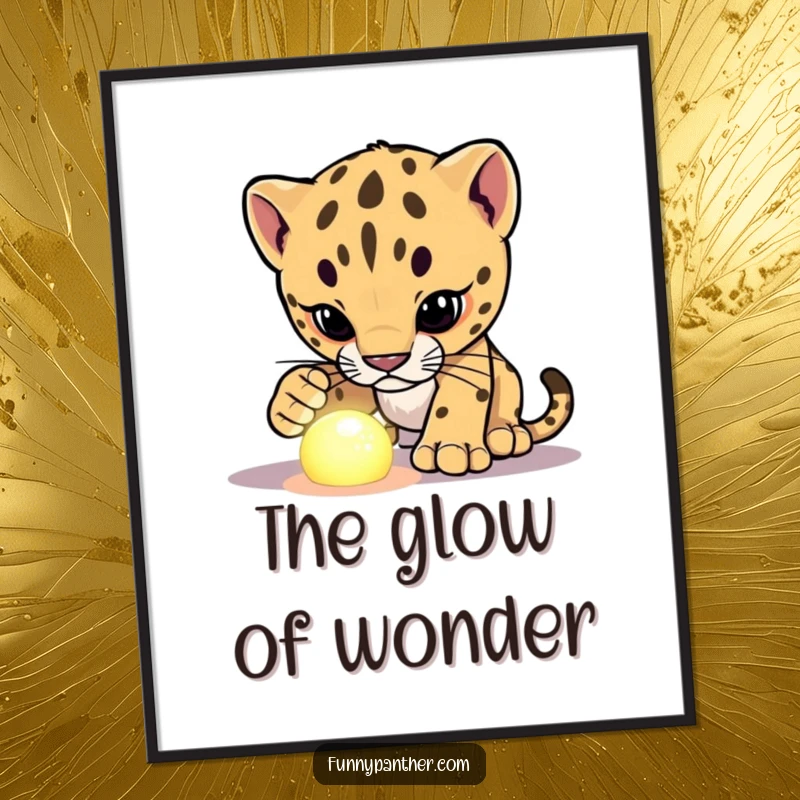 Funny panther cub poster, investigating a glowing object with intrigue, creating a visually captivating and humorous scene.
