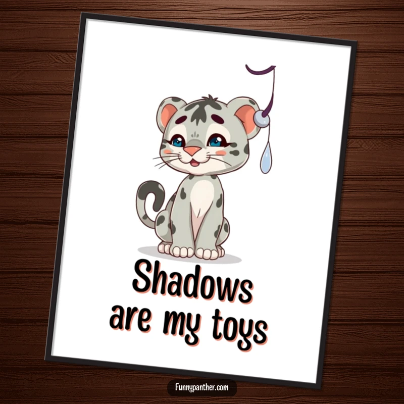 Funny poster of a playful panther cub character batting at a dangling shadow, a whimsical and humorous piece of wall art.
