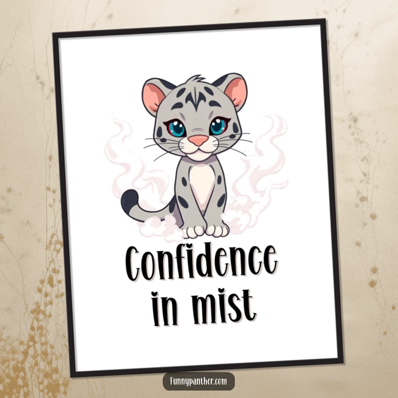 Funny panther character poster, emerging from swirling mist with confidence, creating a visually striking and humorous art piece.