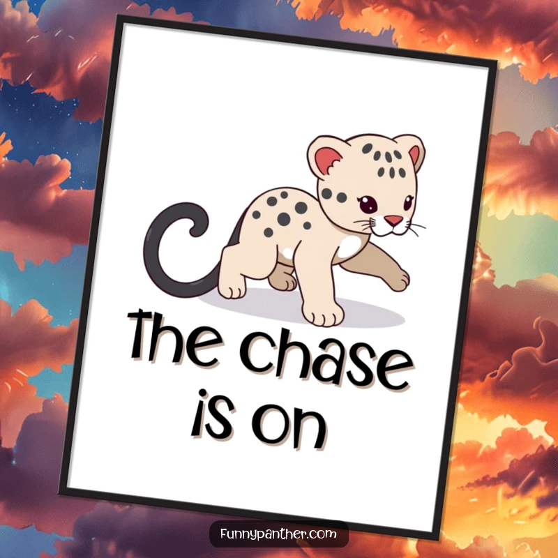 Funny panther cub poster, playfully chasing its shadowy tail, creating a whimsical and humorous focal point.