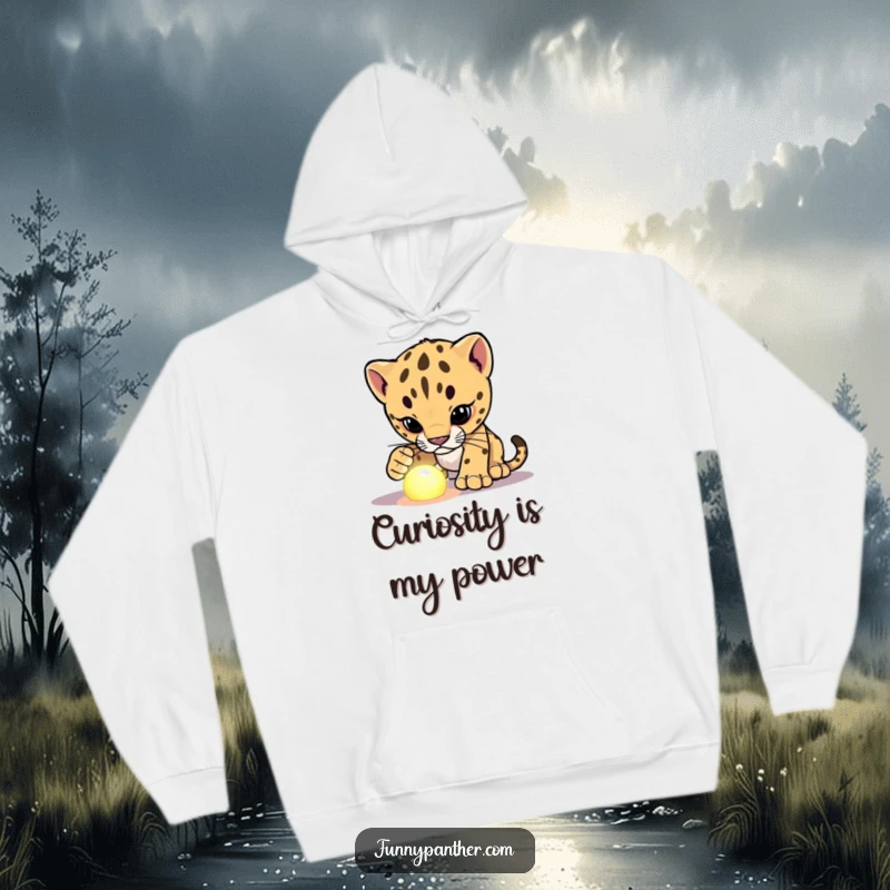 Funny panther cub hoodie, investigating a glowing object, offering cozy comfort and a dose of humorous intrigue.
