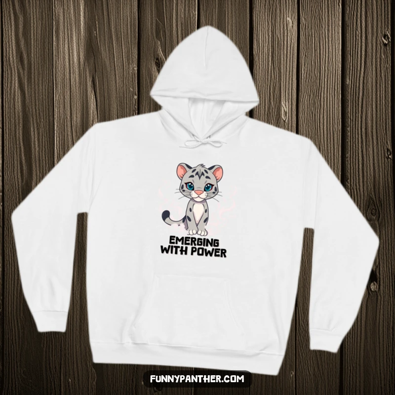 Funny panther character hoodie, emerging from swirling mist with confidence, offering comfortable and stylish mystery.
