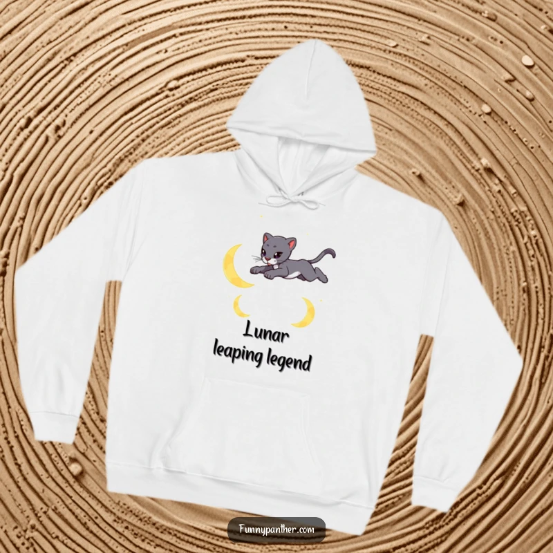 Funny hoodie depicting a sleek panther leaping gracefully over stylized crescent moons, perfect for cozy nights.