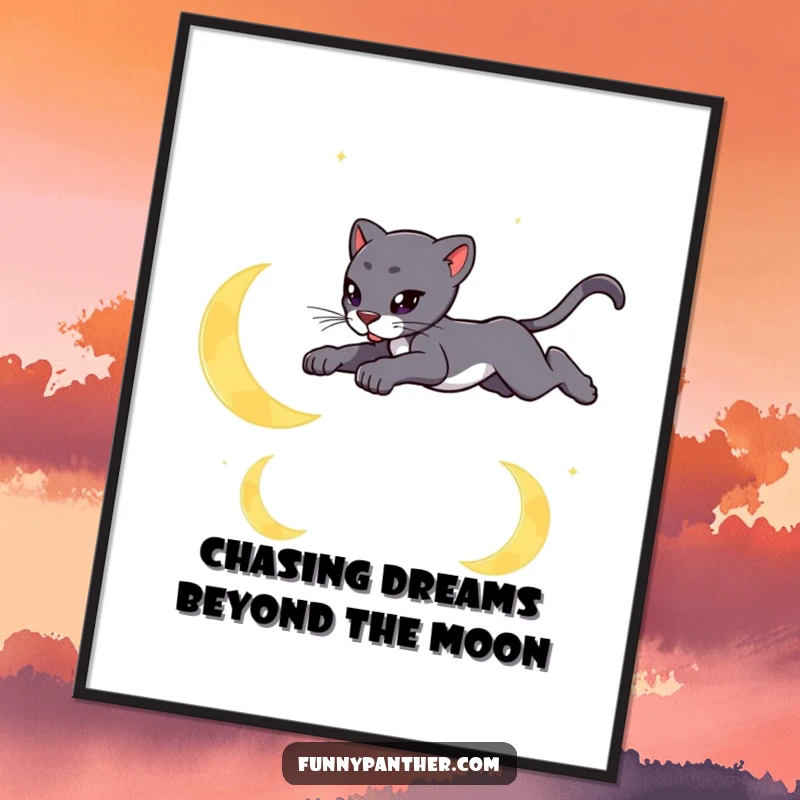 Free Printable Wall Art of a sleek panther character leaping gracefully over stylized crescent moons.
