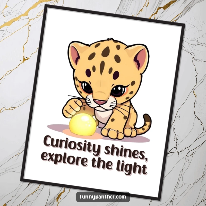 Funny Free Printable Wall Art: A curious panther cub investigating a brightly glowing, enigmatic object with fascination.