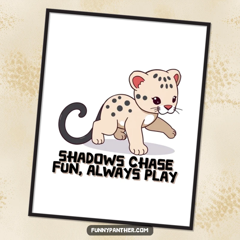 Funny Free Printable Wall Art: A cute panther cub playfully spinning and chasing its own shadowy tail with joy.
