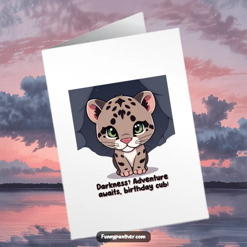 Funny Free Printable birthday card featuring a curious panther cub peeking from darkness, ready for a playful birthday surprise.