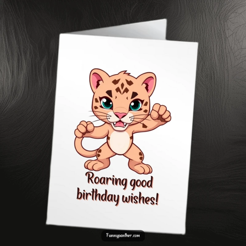 Funny free printable birthday card featuring a powerful panther in an alert pose, ready to deliver a roaringly good wish.