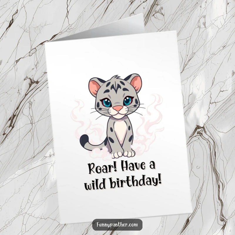 Funny Free Printable Birthday Card: A sleek panther confidently emerging from swirling fog with a knowing gaze.