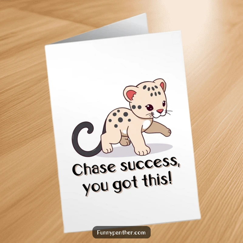 Funny Free Printable Congrats Card: A happy panther cub gleefully chasing its own tail in a fun, celebratory spin.