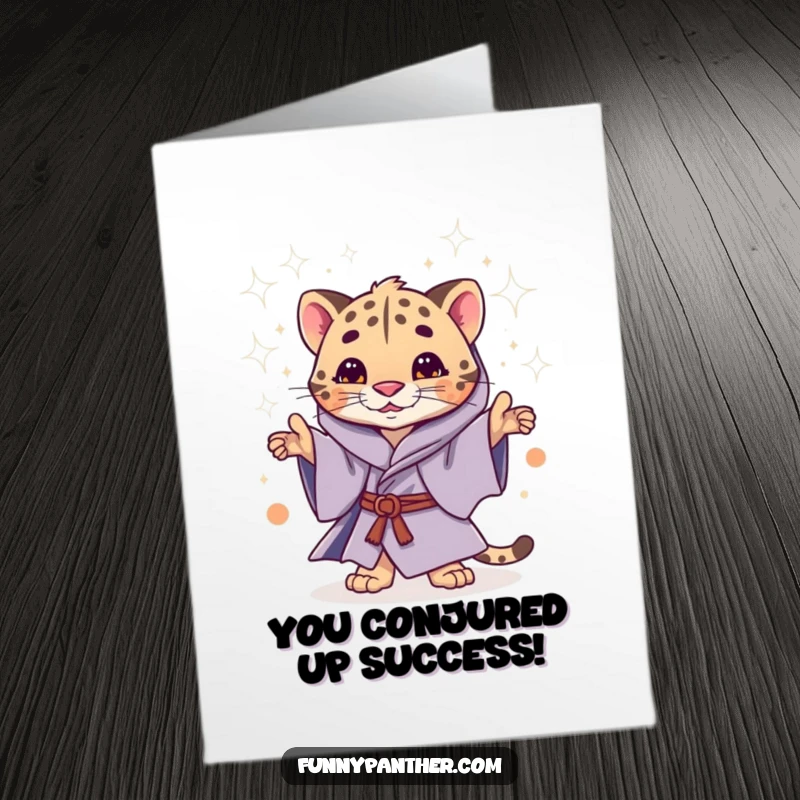 Free Printable Congratulations Card showing a whimsical panther casting a magical shower of stardust.