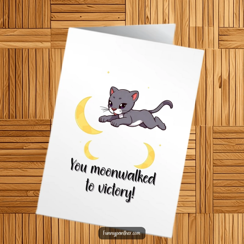 Free Printable Congratulations Card showcasing a sleek panther leaping majestically over stylized crescent moons.