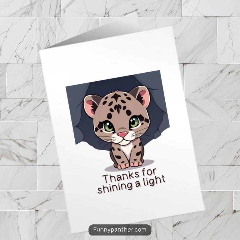 Funny Free Printable thank you card featuring a curious panther cub peeking, expressing gratitude with a silent, playful stare.