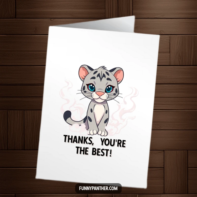 Funny Free Printable Thank You Card: A confident panther emerging from swirling mist with a powerful yet thankful aura.