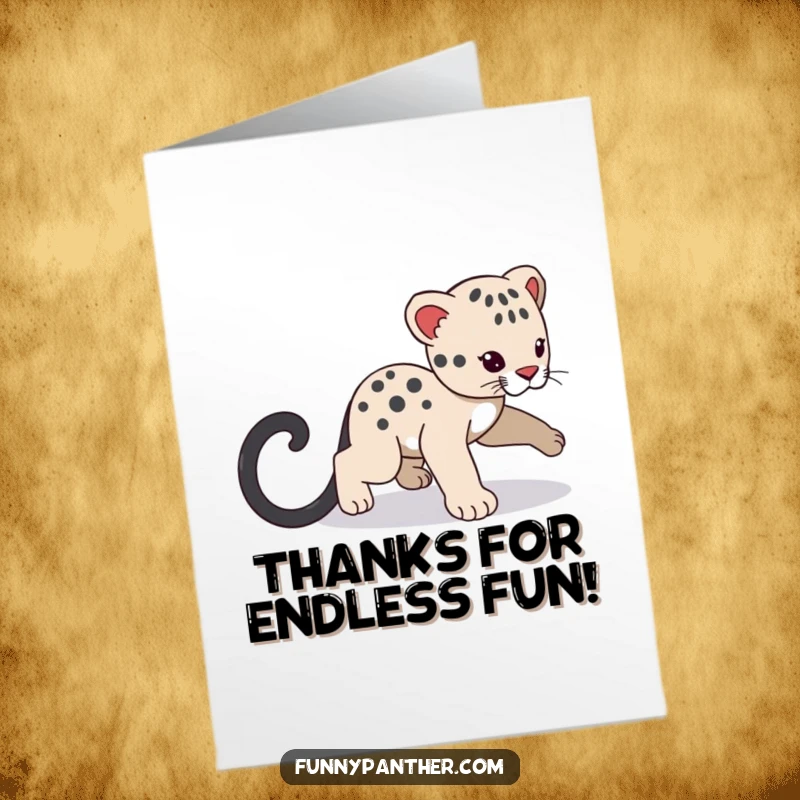 Funny Free Printable Thank You Card: A playful panther cub enthusiastically chasing its own shadow tail with a happy expression.